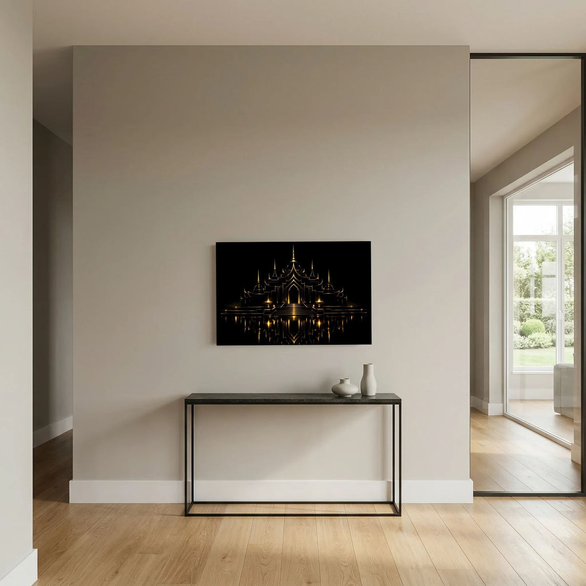 Wandbild im Querformat: schwarze Szene mit goldener Tempelarchitektur und spiegelnder Linie