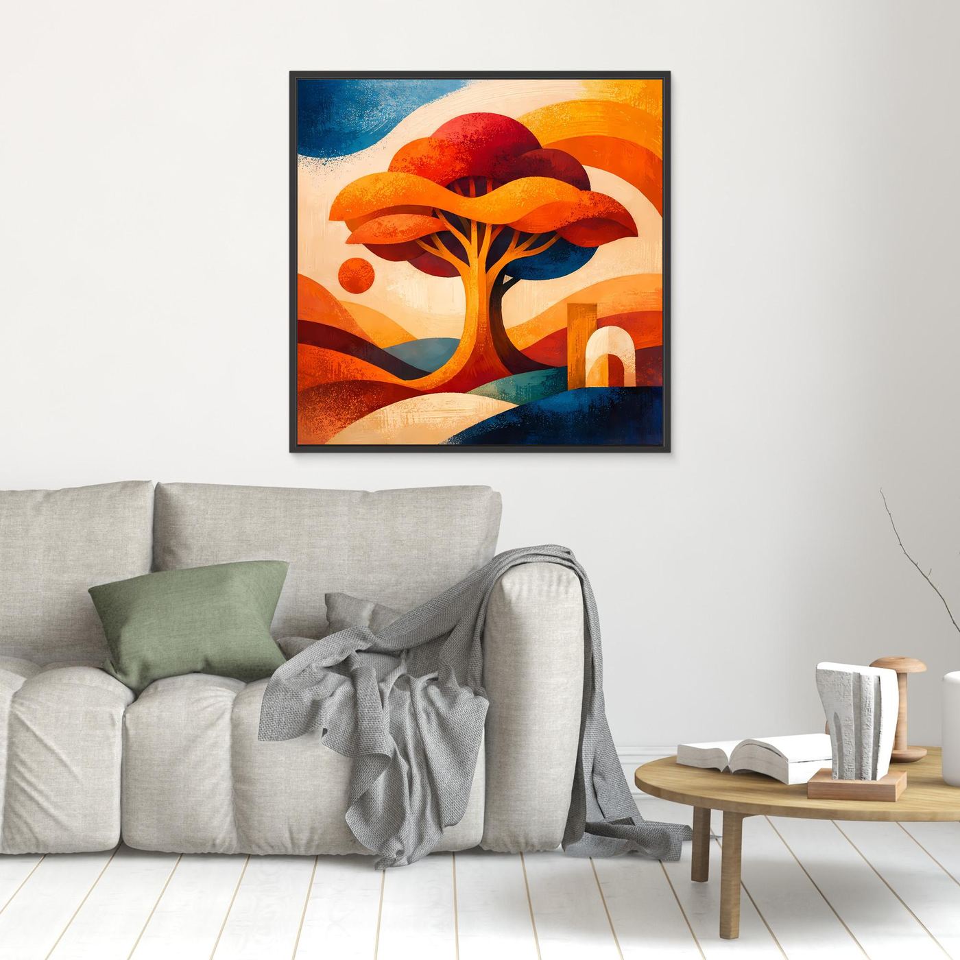 Kleines Leinwandbild mit abstraktem Lebensbaum in Orange und Blau, dunkel gerahmt