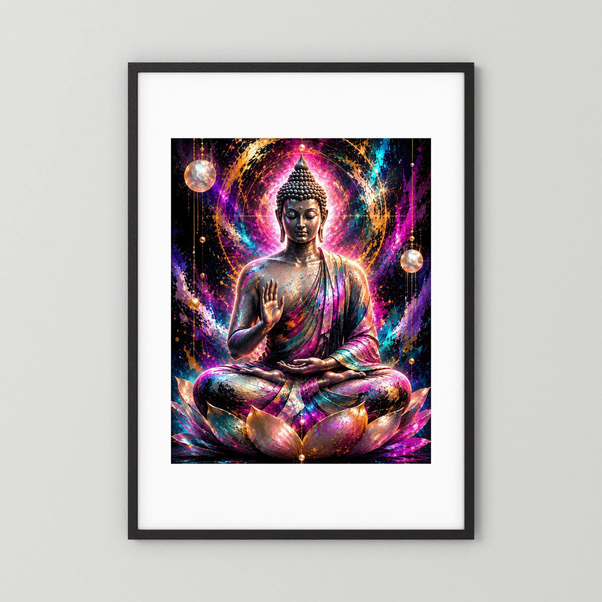 Neon-Buddha-Poster: meditierender Buddha auf Lotus, farbiger Lichtring, schwarzer Rahmen