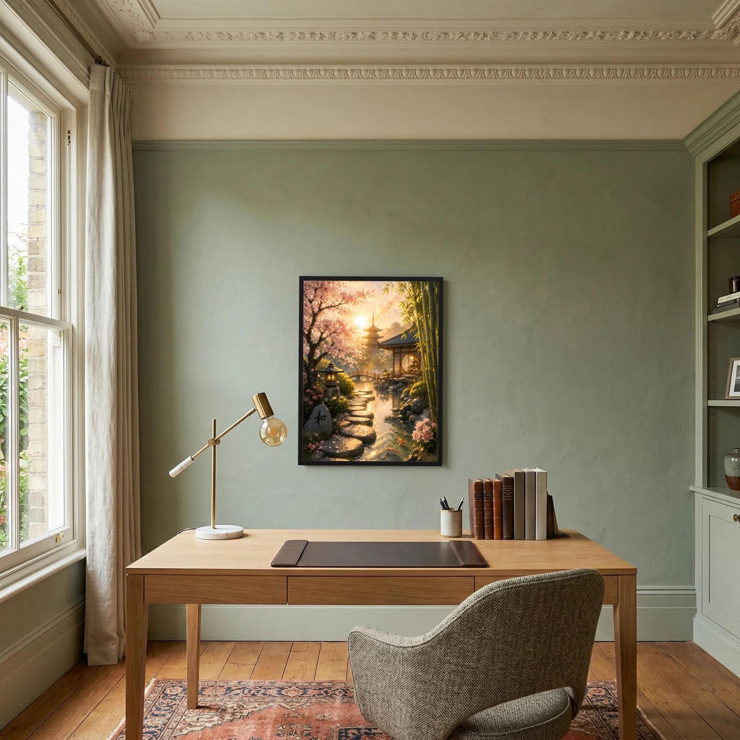 Hochformat-Poster Zen-Garten: Pfad zwischen Grün, Laternen und Kirschblüten, schwarz gerahmt