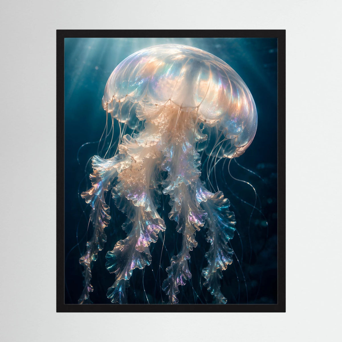 Gerahmtes Kunstposter mit perlmuttfarbener Qualle, schwarzer Holzrahmen