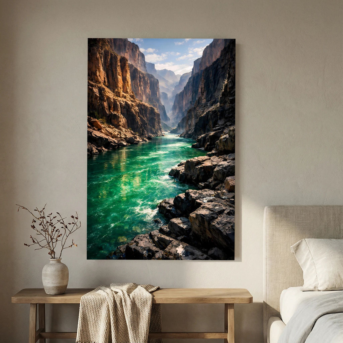 Wandposter zeigt einen türkisgrünen Fluss im Canyon zwischen dunklen Felsklippen