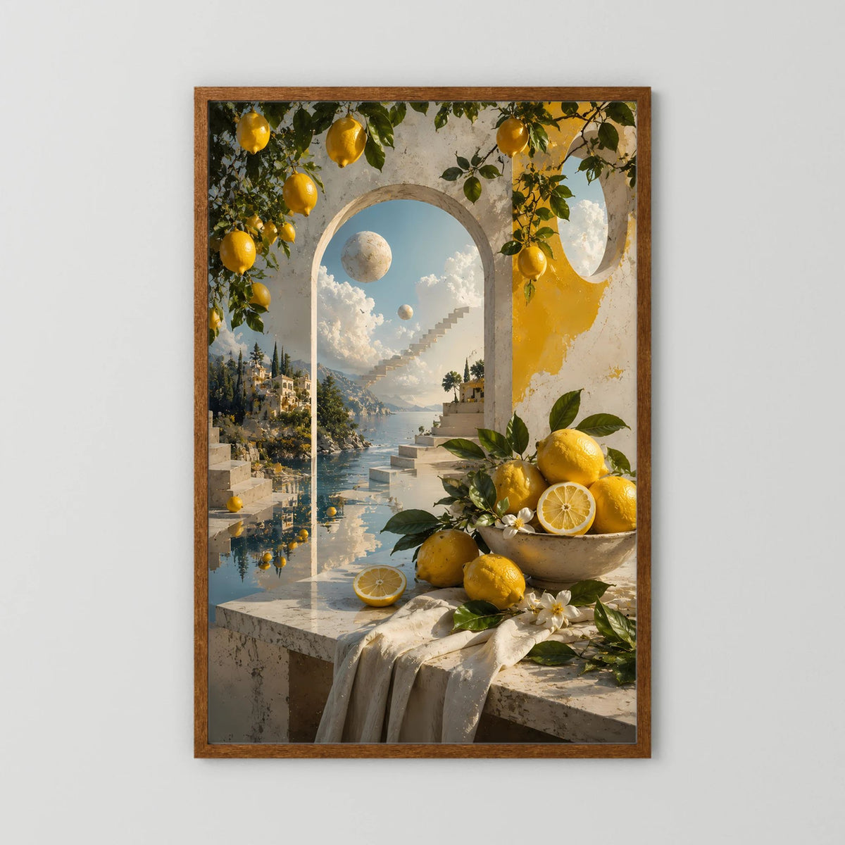 Kunstposter Hochformat mit Zitronen am Meerblick durch Torbogen, brauner Holzrahmen