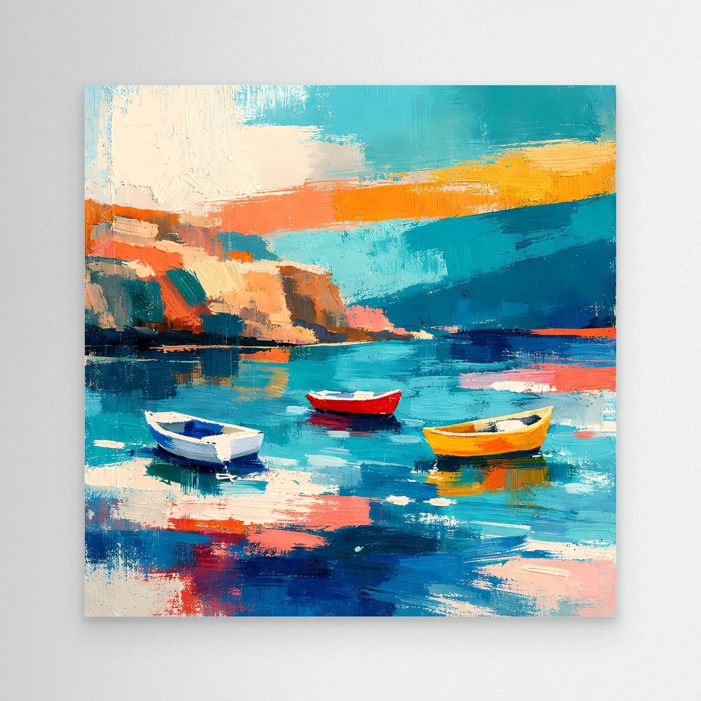 Leinwandbild mit abstraktem Hafen und drei Booten, Türkis und Orange