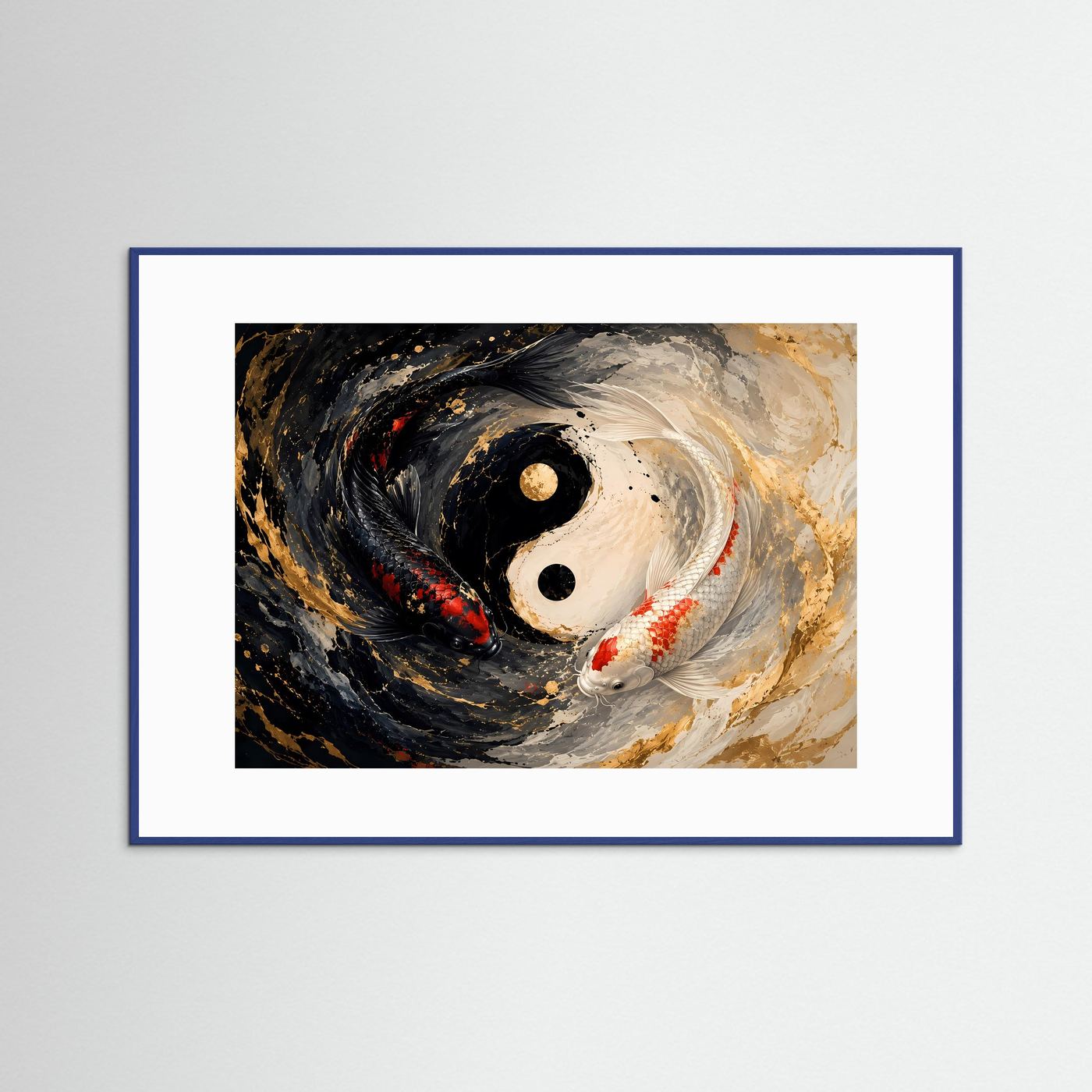 Yin Yang Koi Poster Querformat | Koi Karpfen Wandbild Schwarz Weiß Gold | Moderne Zen Kunst
