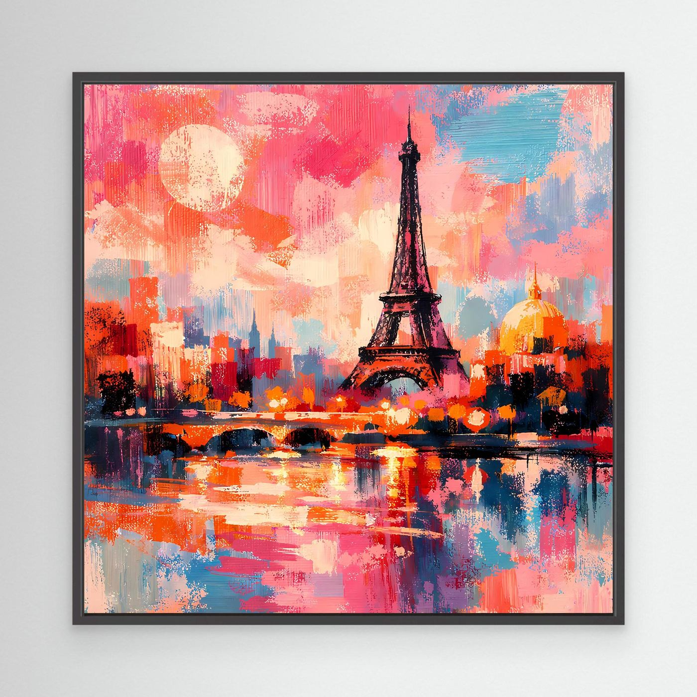 Abstraktes Leinwand-Wandbild mit Eiffelturm und Spiegelung, pink-blau, im schwarzen Rahmen
