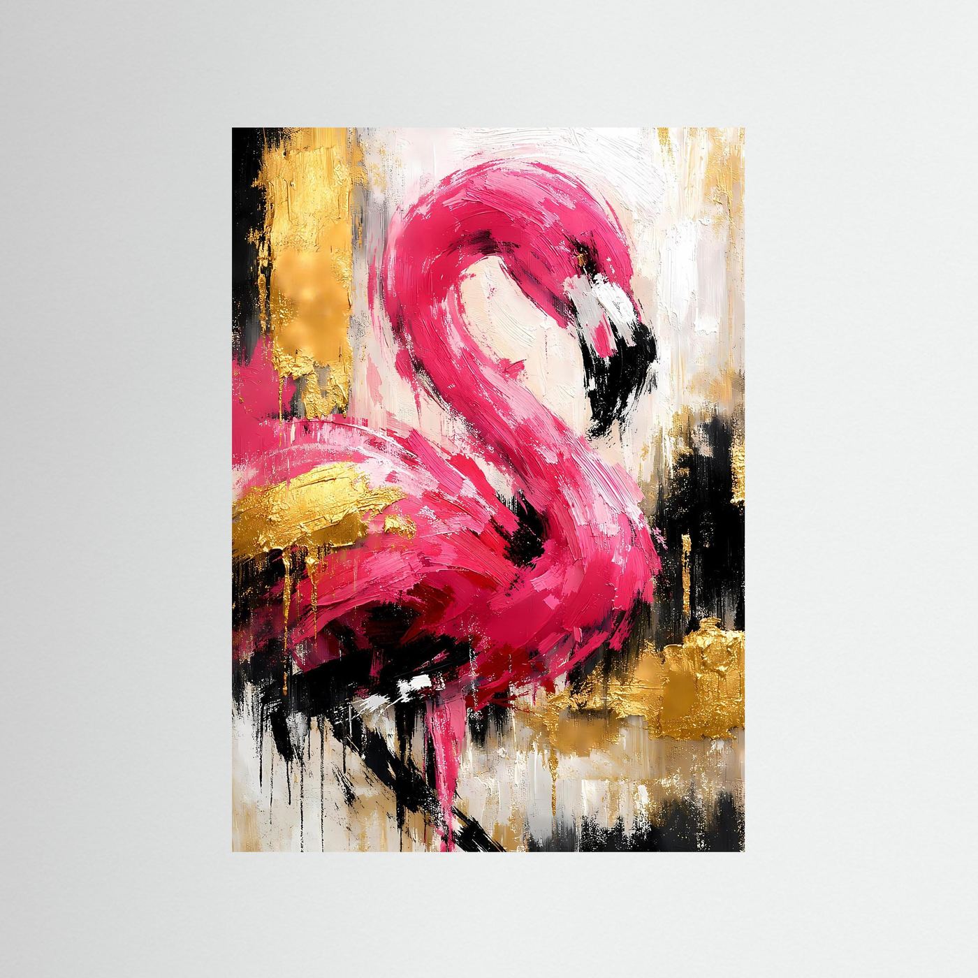 Abstraktes Flamingo-Poster, magenta pinke Formen, schwarze Details, goldene Akzente.