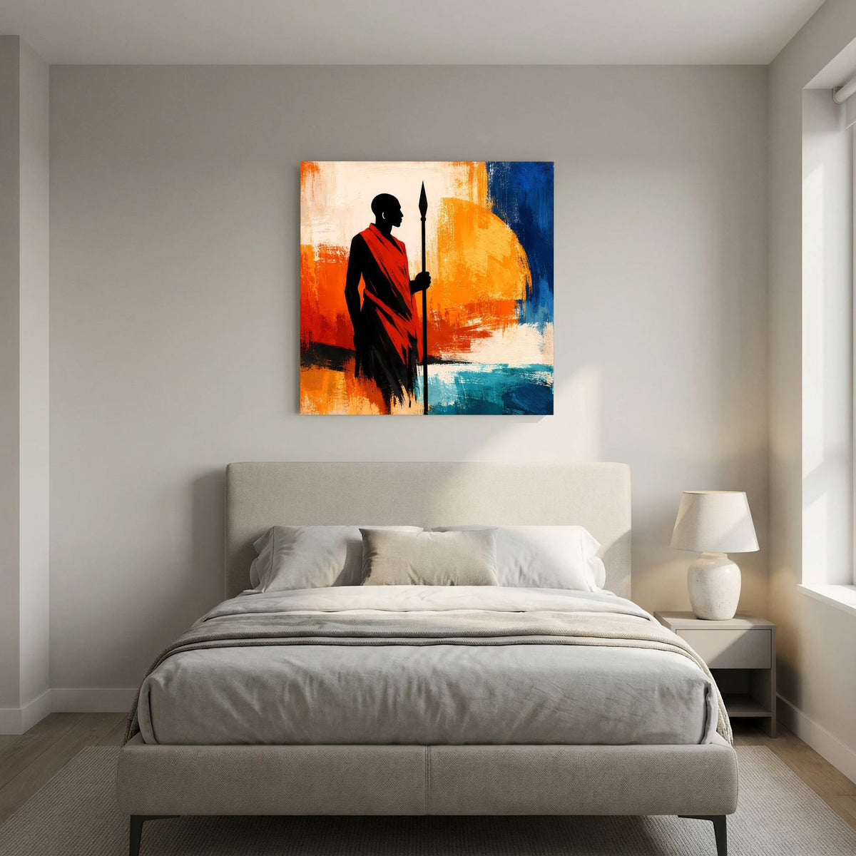 Wandbild mit afrikanischem Krieger als Silhouette, roter Schal, Speer und blau-orangen Farben