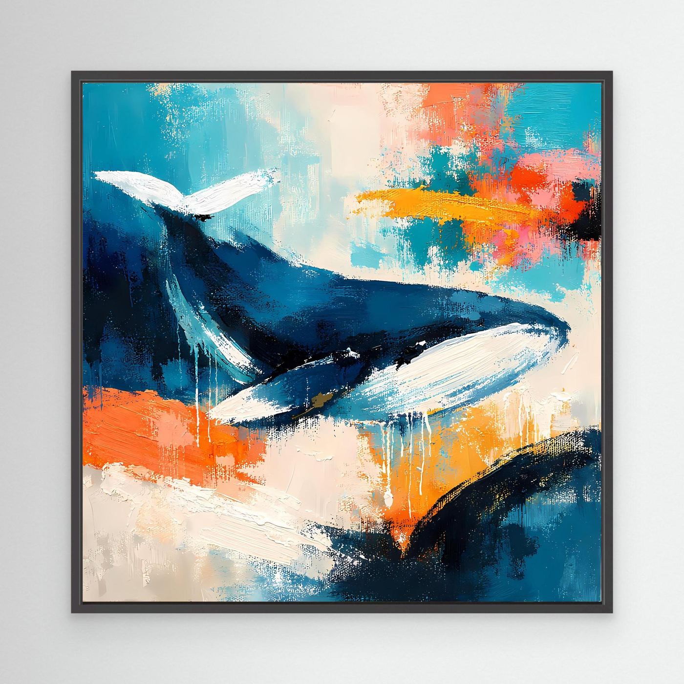 Leinwand-Wandbild mit abstraktem Wal in Blau, Türkis und Orange, mit schwarzem Rahmen