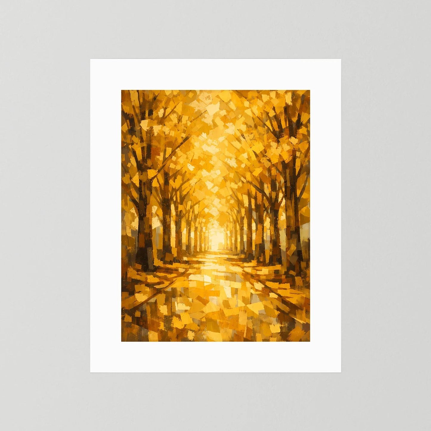 Herbstwald-Poster mit Baumallee im goldenen Licht, weißer Passepartout, Hochformat