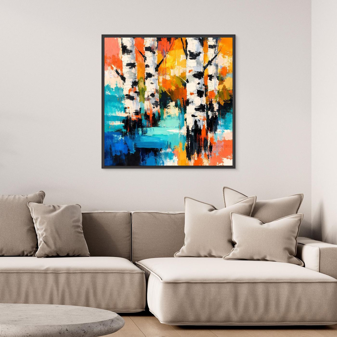 Unframed abstract birch forest canvas art with bright orange and blue brushwork accents.