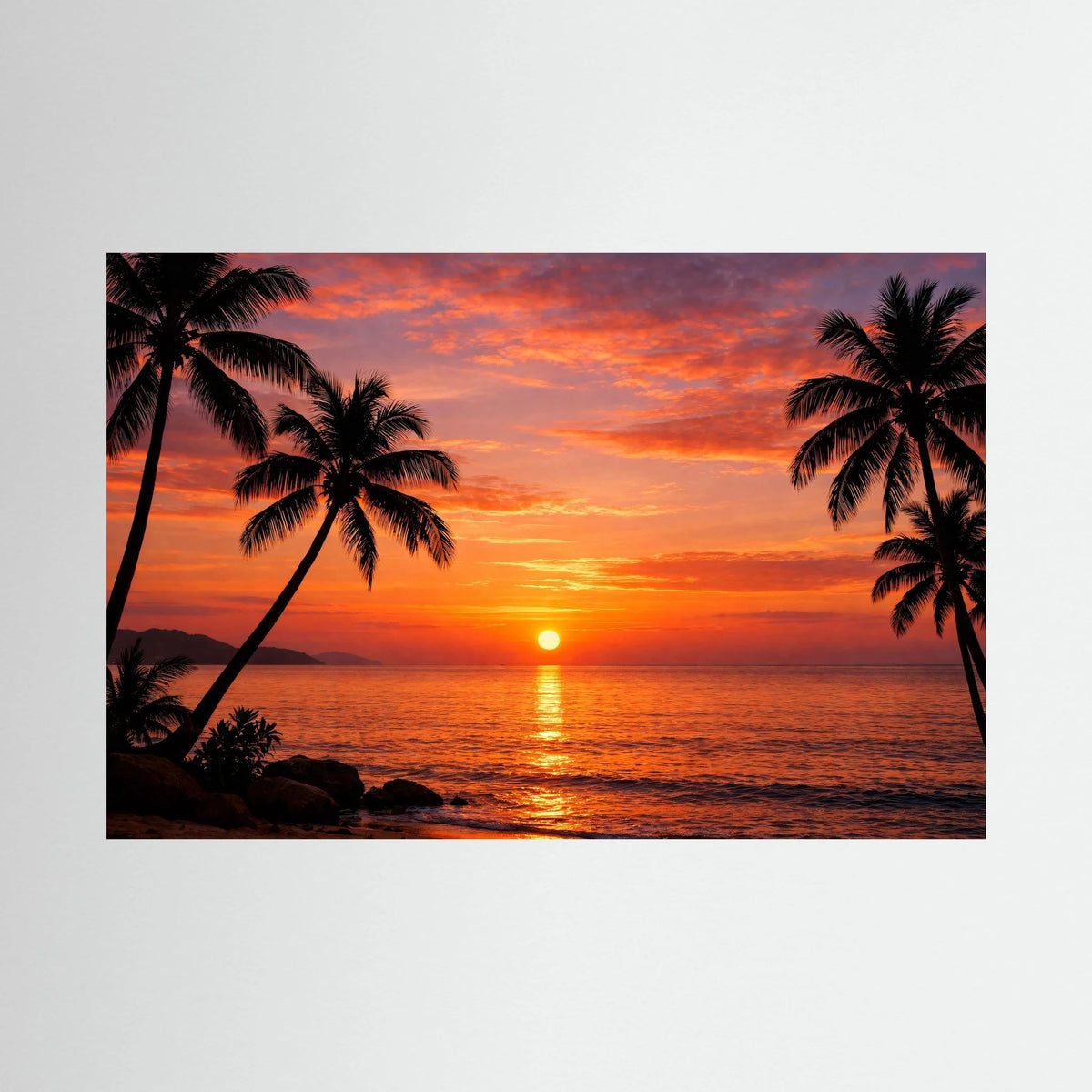 Wandbild im Querformat: tropischer Sonnenuntergang mit Palmen-Silhouetten