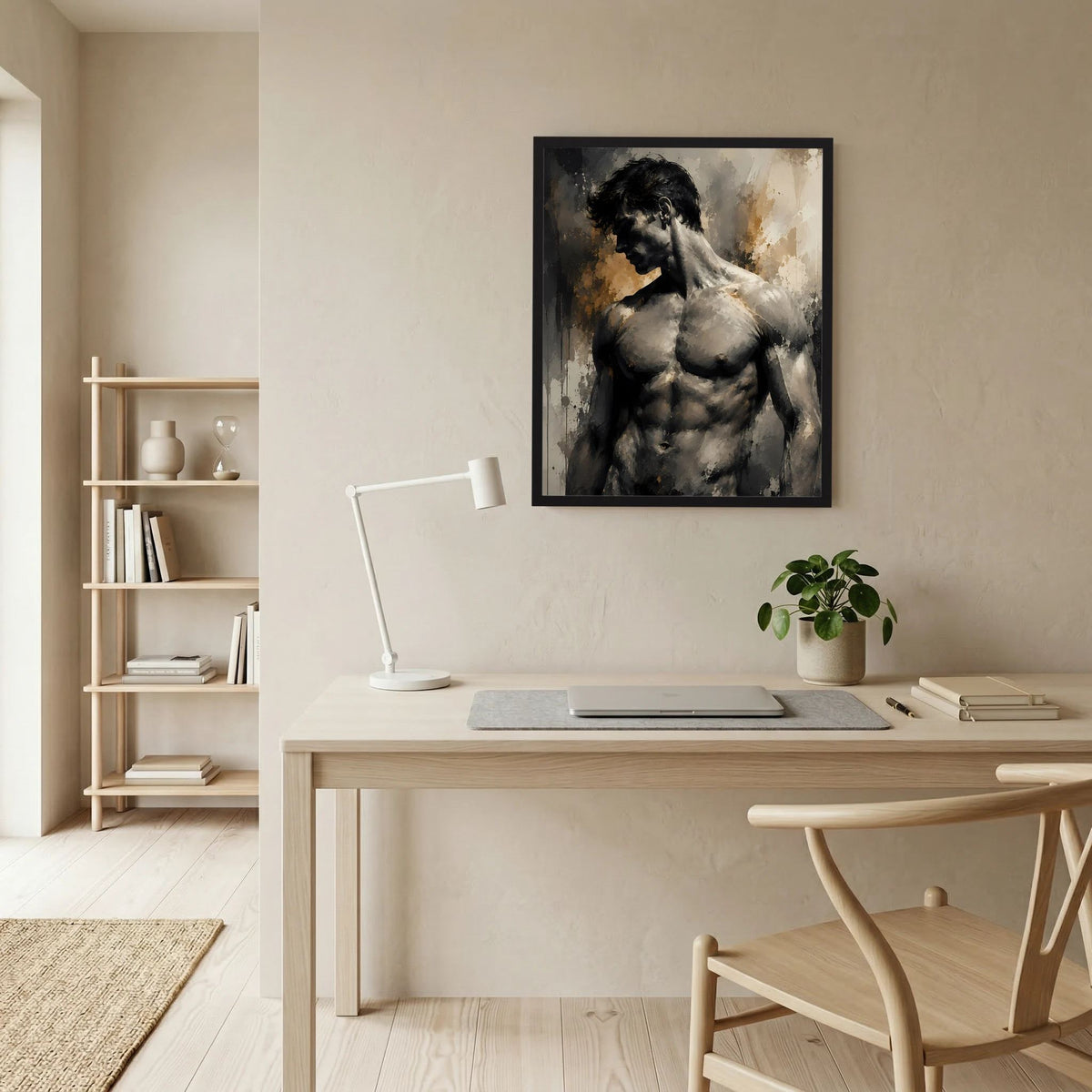 Kunstposter mit abstrakter Aktfigur eines Mannes in Schwarz und Gold, im schwarzen Rahmen