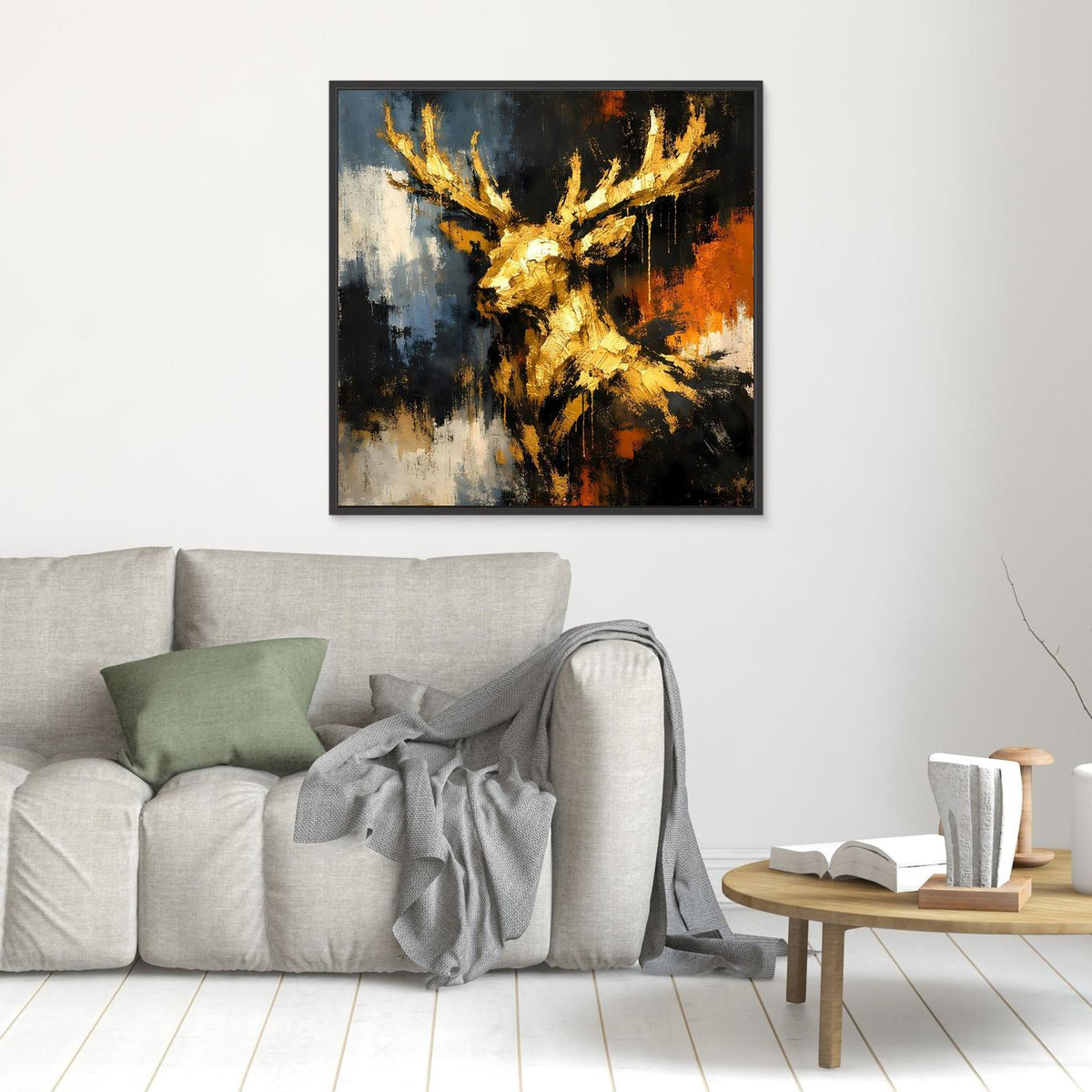 Quadratisches Leinwandbild mit goldenem Hirschkopf im abstrakten Blau-Orange, schwarzem Rahmen