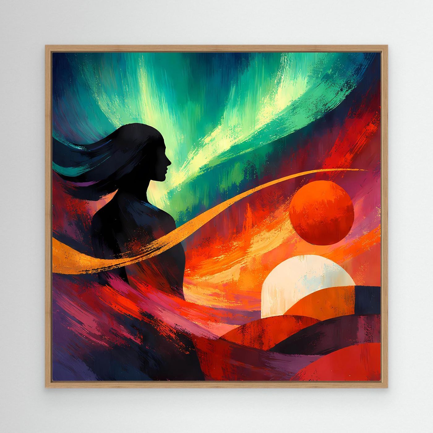 Leinwandbild mit abstraktem Polarlicht, Frauensilhouette und Farbkugeln, Holzrahmen (Eiche)