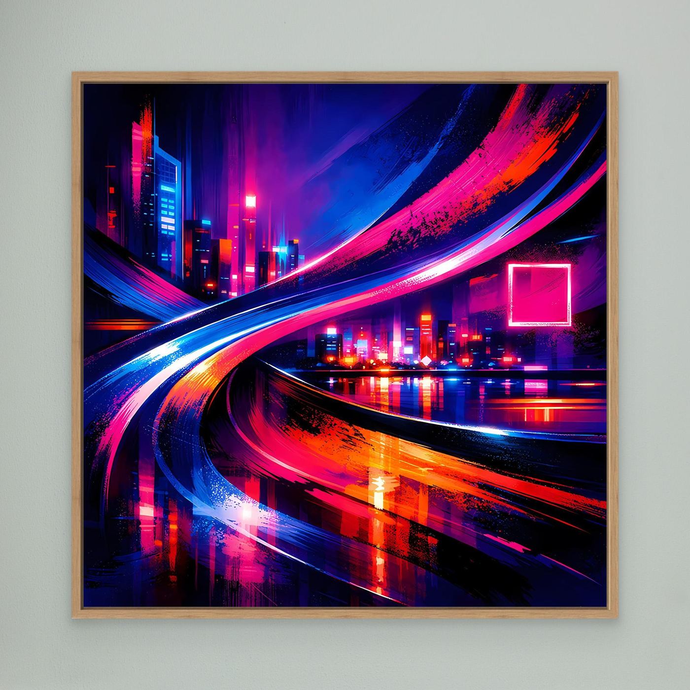 Leinwandbild mit hellem Holzrahmen, Cyberpunk-Neon-Skyline und leuchtende Reflexionen