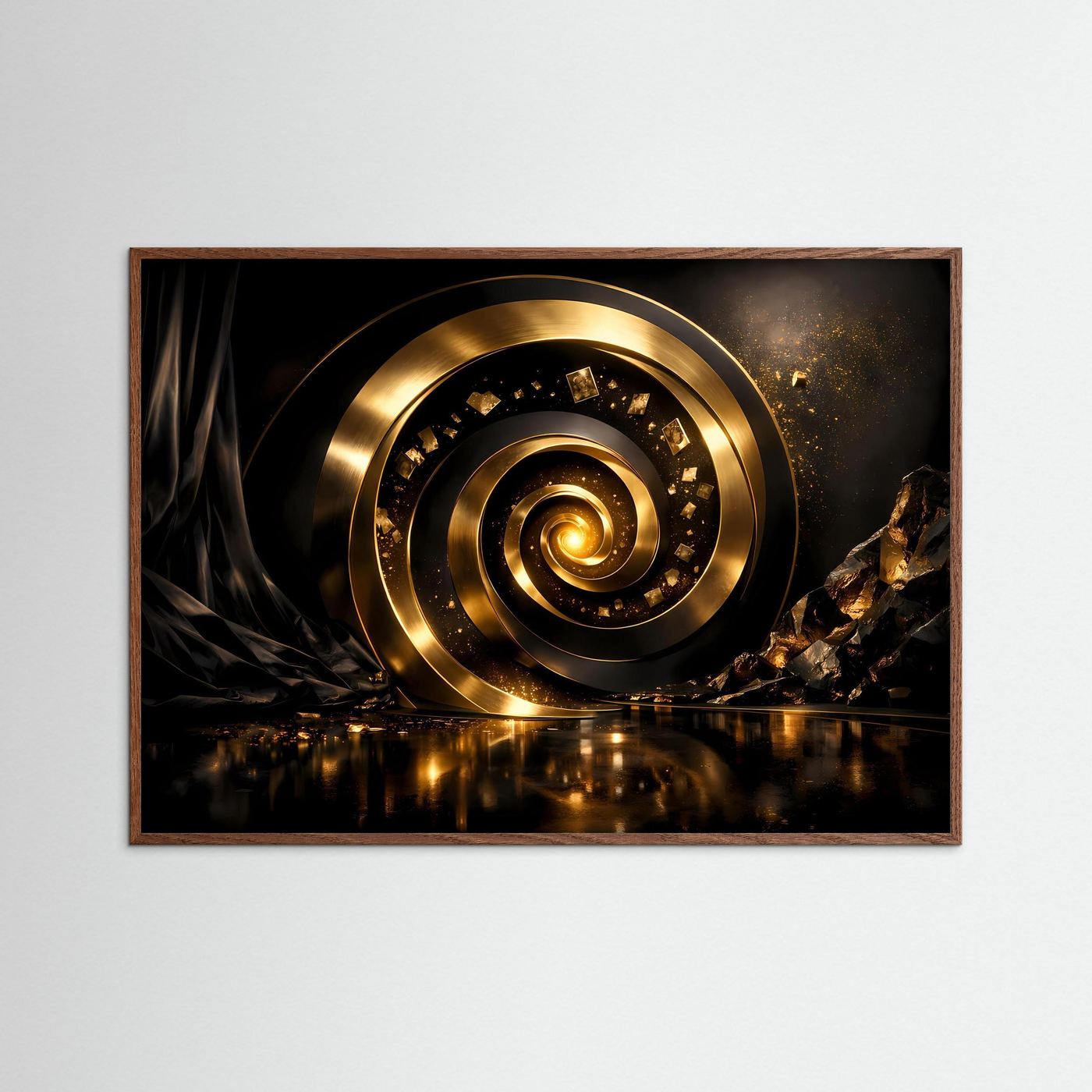 Goldenes Wandbild mit 3D-Spirale, brauner Holzrahmen