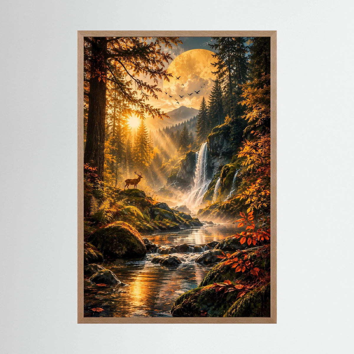 Hochformatiges Herbstposter im hellbraunen Holzrahmen mit Wasserfall, Fluss und Hirsch