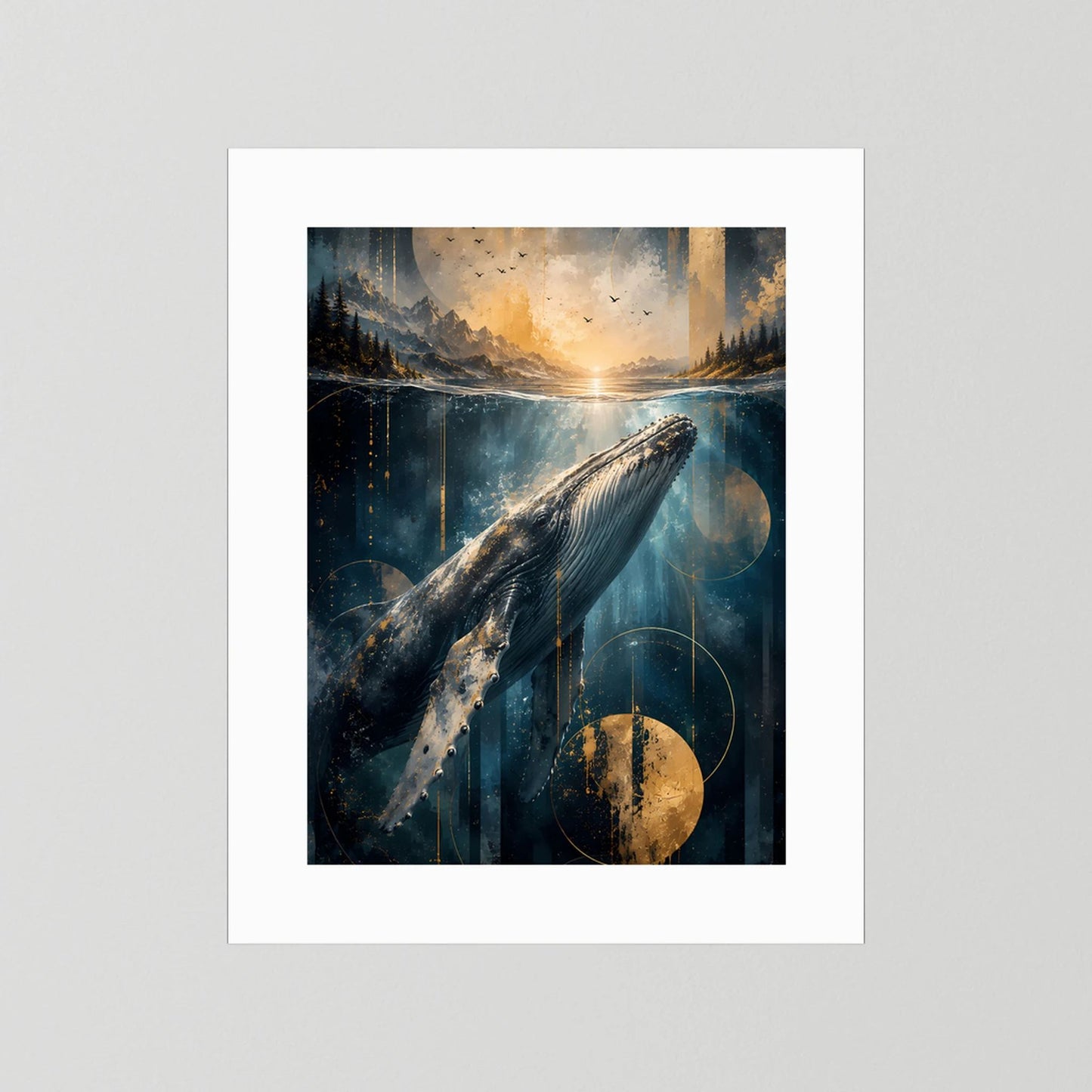 Poster im Hochformat mit Walmotiv unter Wasser, Blau-Gold-Ozeanlandschaft, weißer Rand