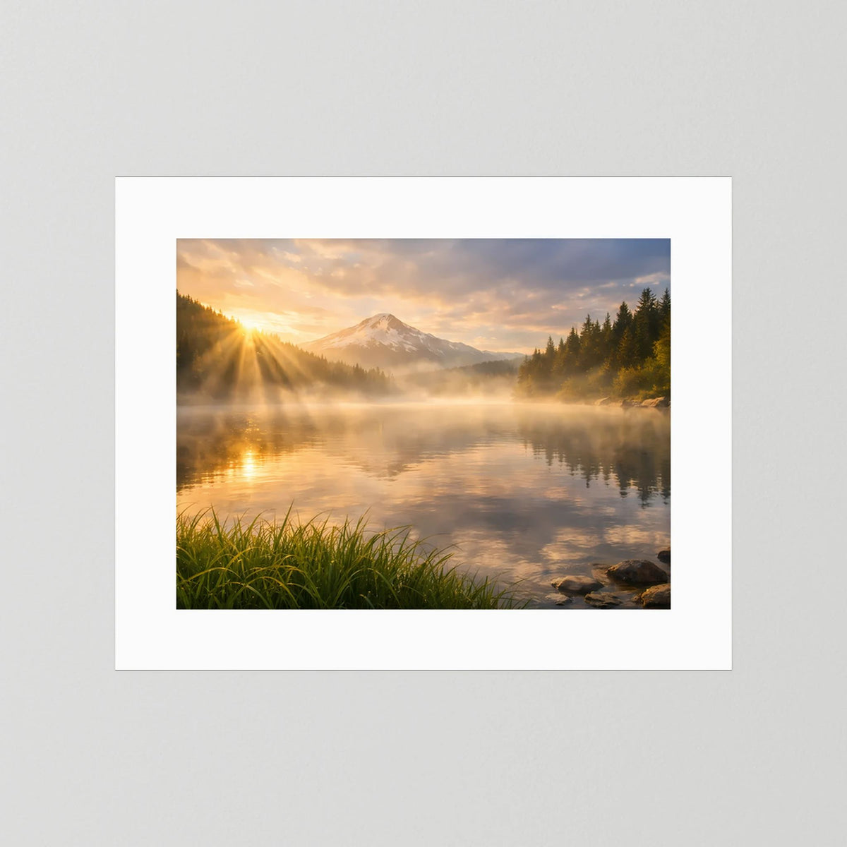 Querformatiger Druck mit weißem Rand: See, Berge, Nebel und Wald bei Sonnenaufgang