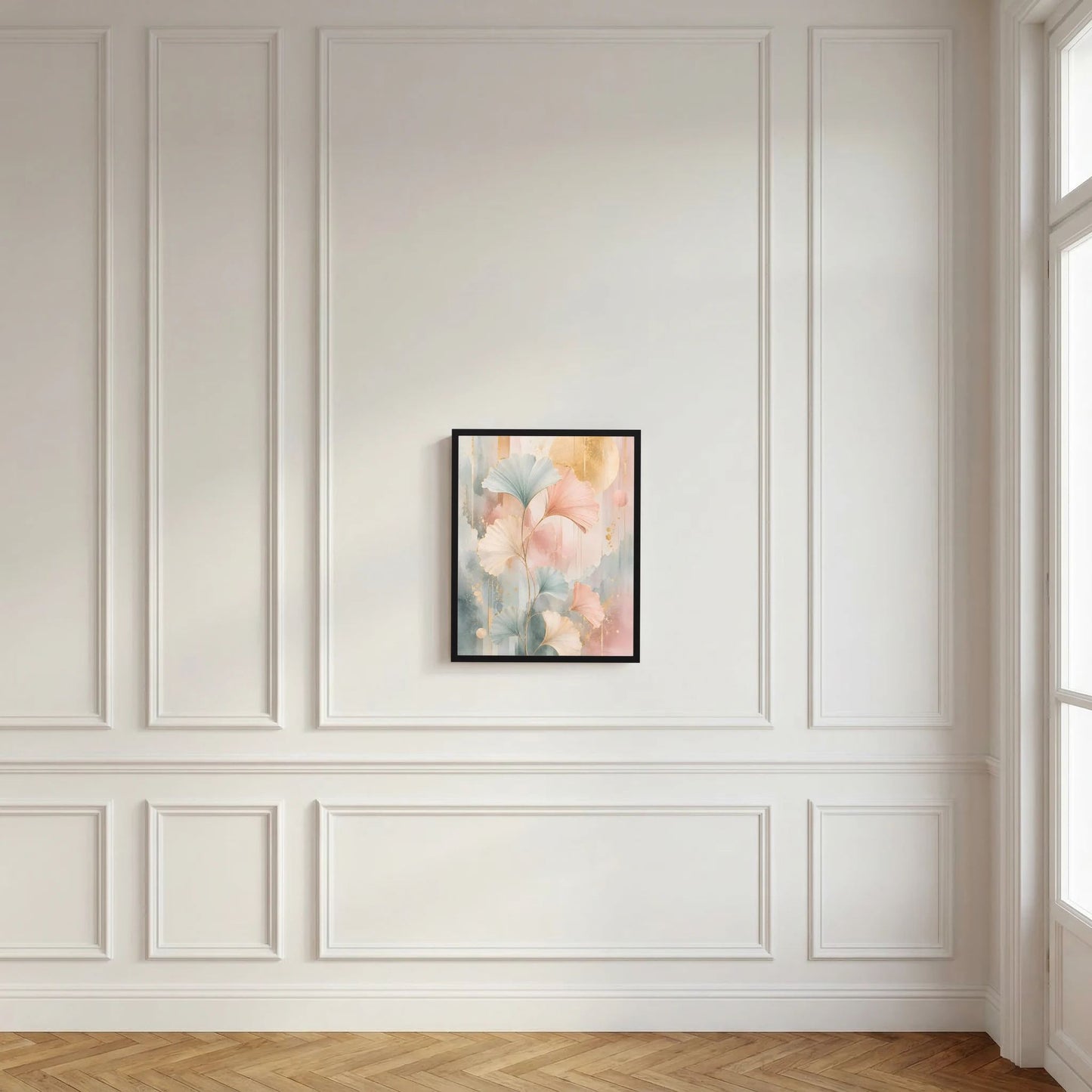 Gerahmtes Hochformat-Kunstposter mit floralen Pastellblättern in Rosa, Salbeigrün und Gold