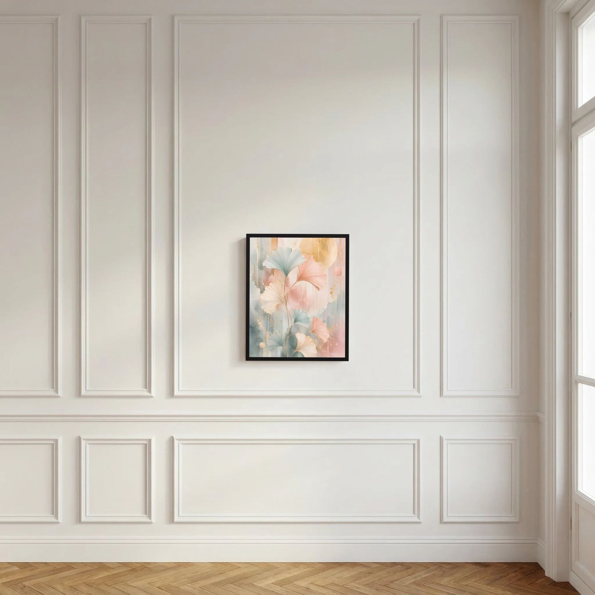 Gerahmtes Hochformat-Kunstposter mit floralen Pastellblättern in Rosa, Salbeigrün und Gold