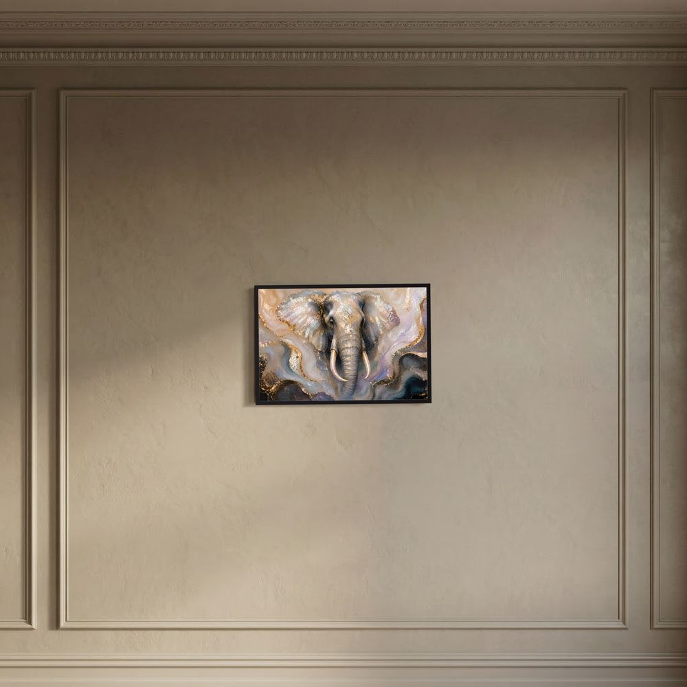 Querformat-Wandposter mit Elefant im Perlmutt-Look, im schwarzen Rahmen