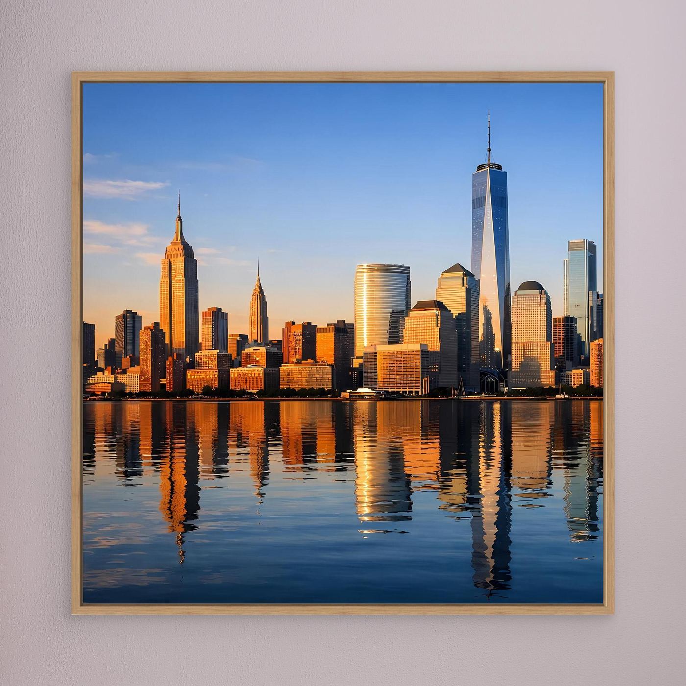 Gerahmtes Leinwandbild mit New-York-Skyline bei Sonnenuntergang und Spiegelung im Wasser