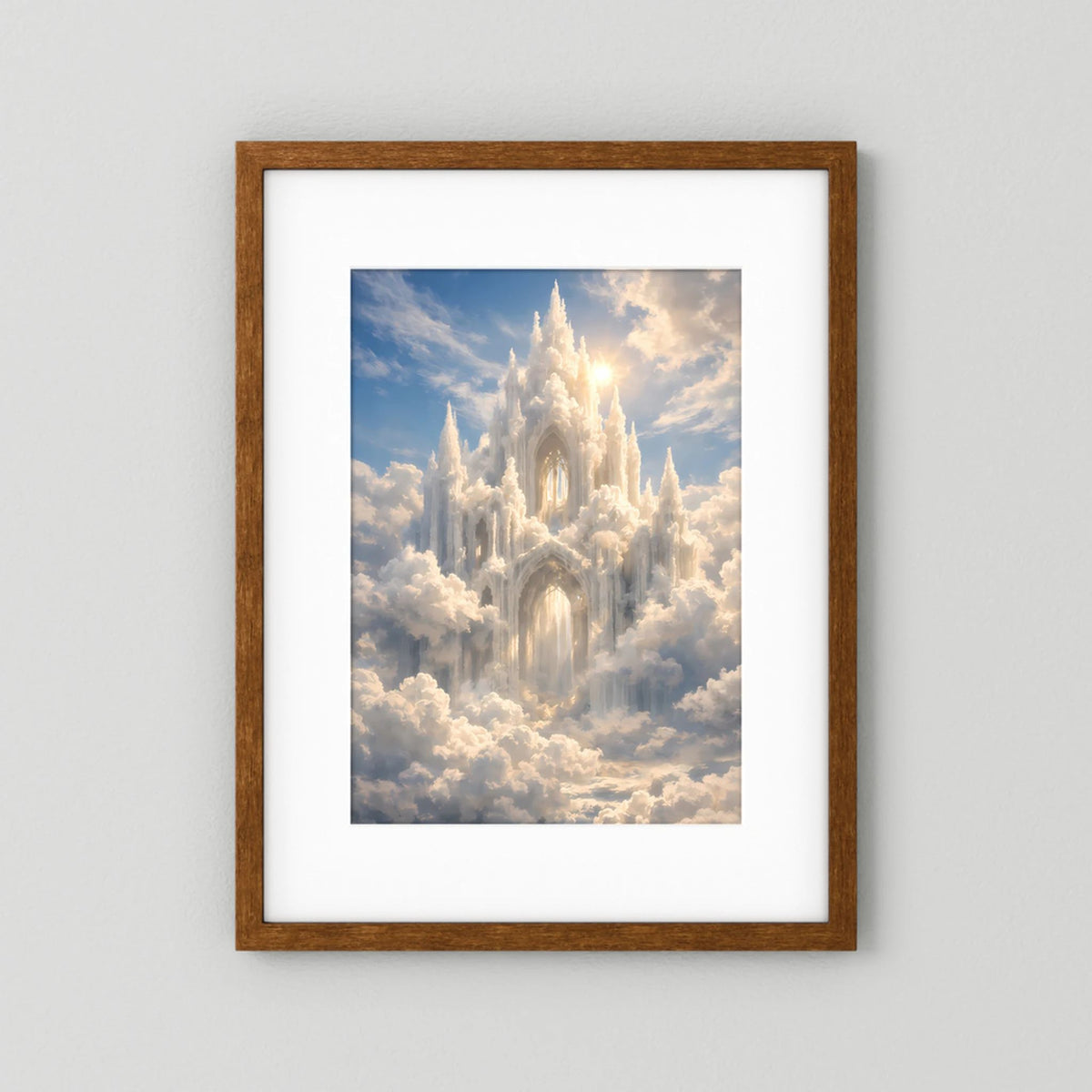 Hochformatposter mit Schloss in den Wolken, Holzrahmen dunkelbraun