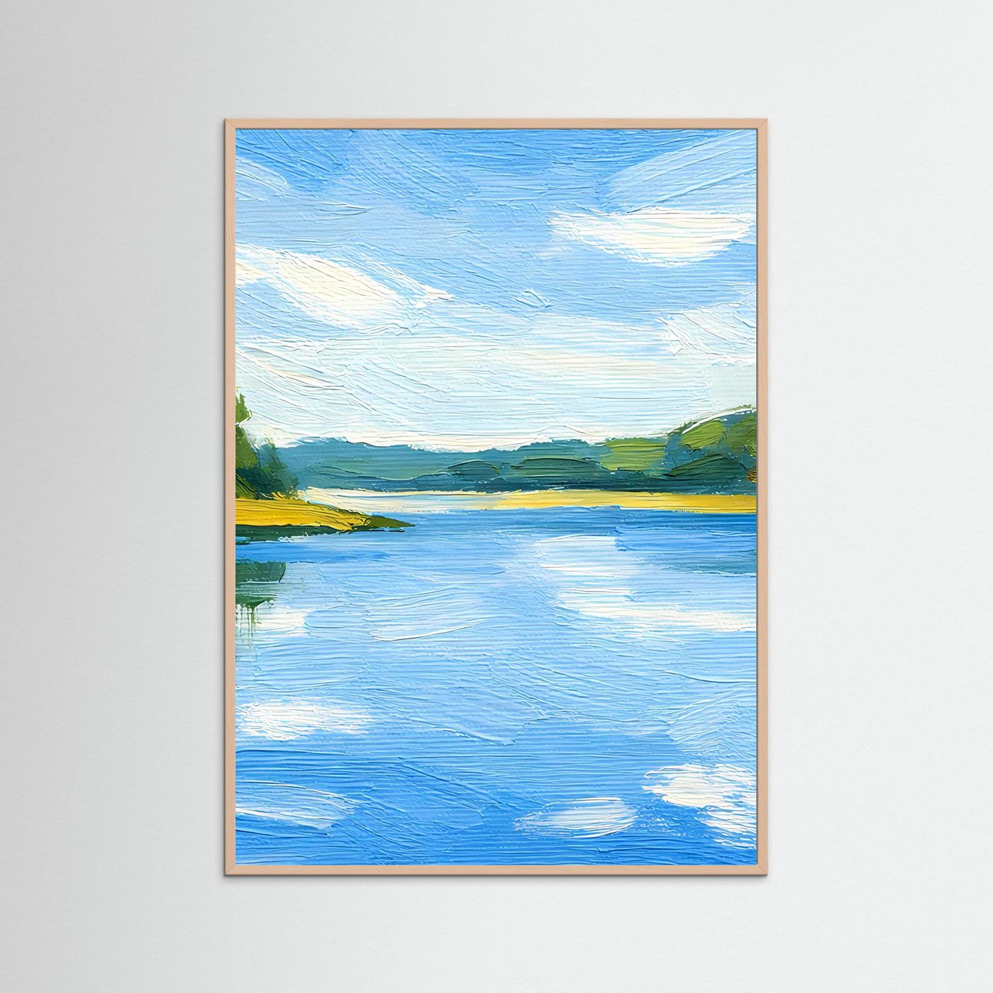 Poster mit blauer Flusslandschaft im Sommer, beiger Holzrahmen