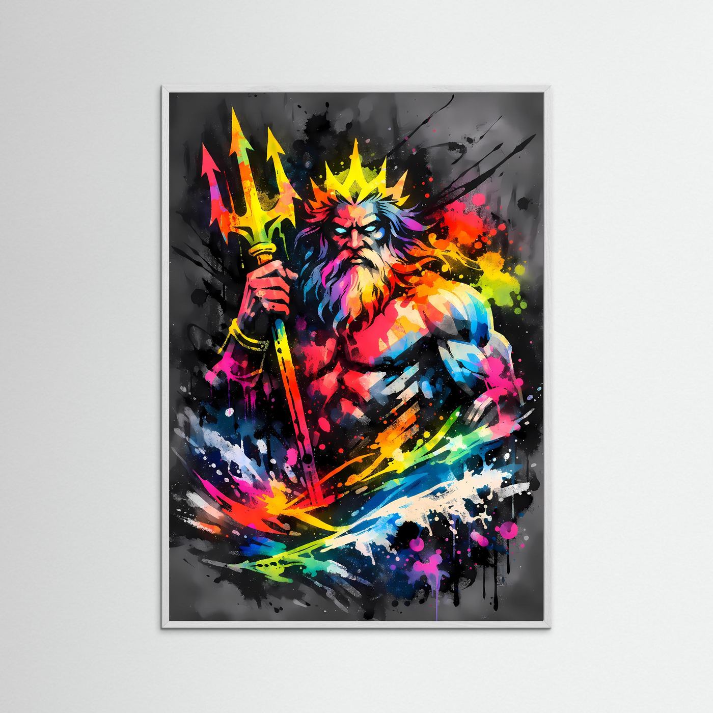 Herrscher der Meere | Abstraktes Poseidon & Neptun Mythologie Poster in Neonfarben | Modernes Gott Kunstposter Hochformat