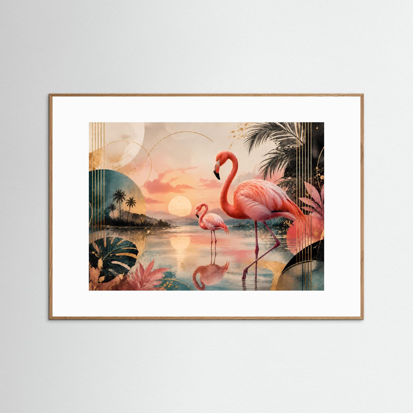 Elegante Flamingos in tropischer Lagune bei Sonnenuntergang | Exotische Flamingo Wandkunst in Rosa, Petrol, Gold & Creme | Modernes Tier Poster im Querformat mit Palmen und abstrakten Formen