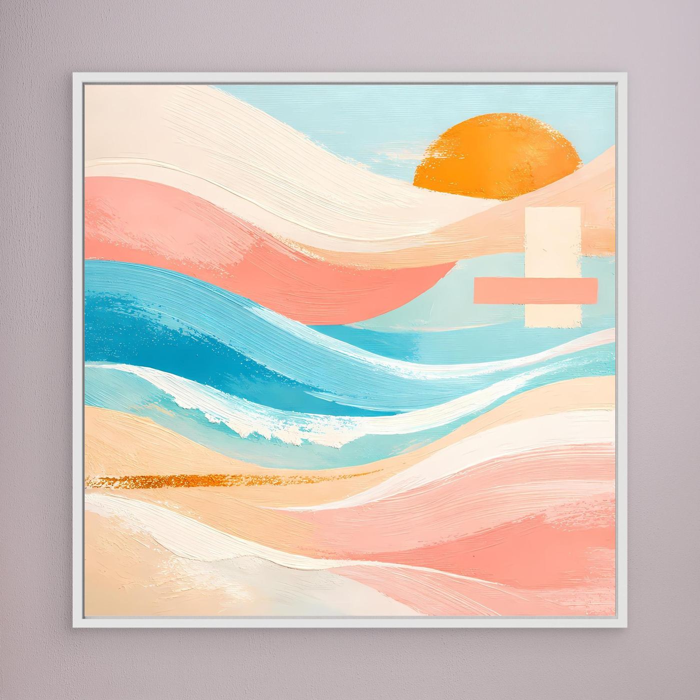 Leinwandbild mit abstrakten Meereswellen in Pastellfarben und orangefarbener Sonne, weiß gerahmt
