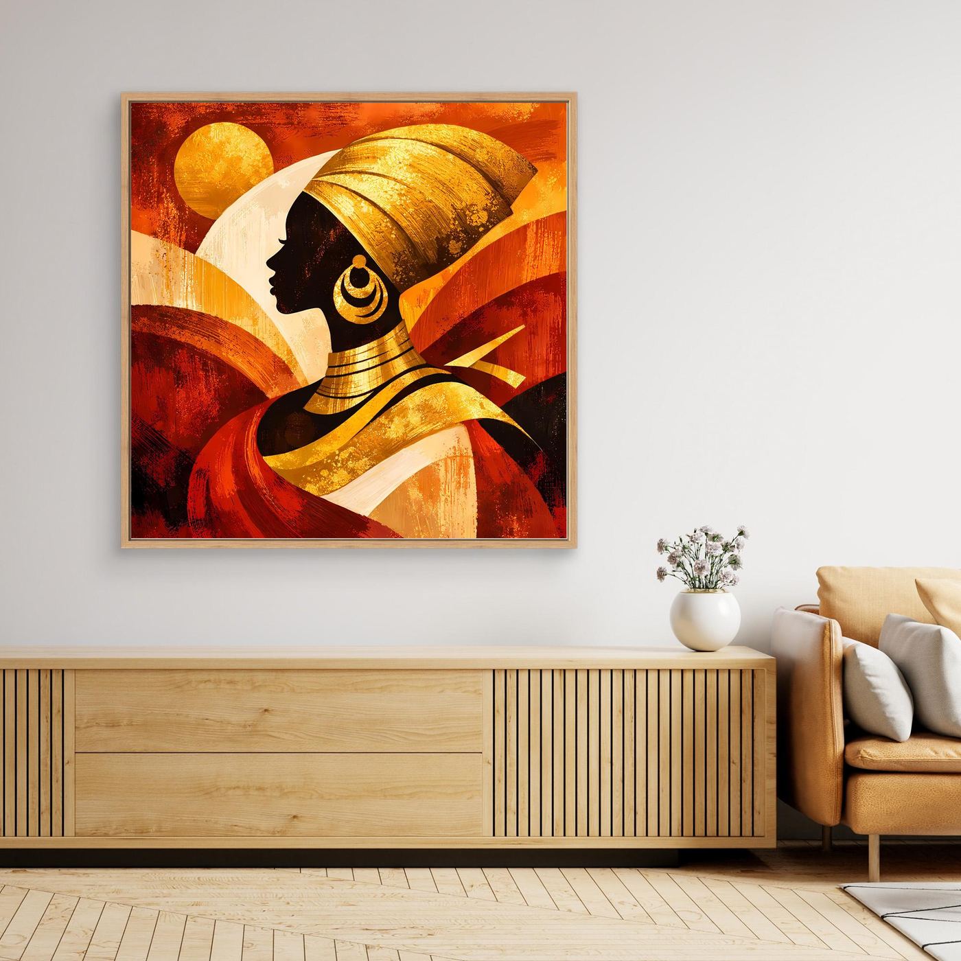 Gerahmtes Leinwandbild mit abstrakter Frauensilhouette, goldene Kopfbedeckung, warmer Rot-Gold-Look