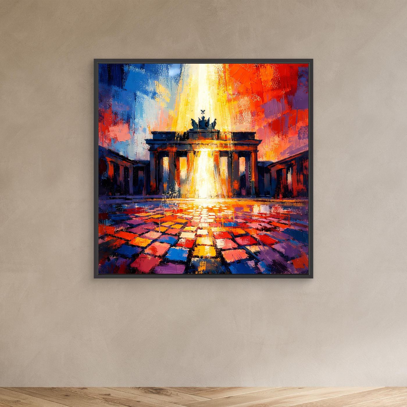 Abstraktes Leinwandbild Brandenburger Tor im Lichtermeer, mehrfarbig, schwarzer Rahmen