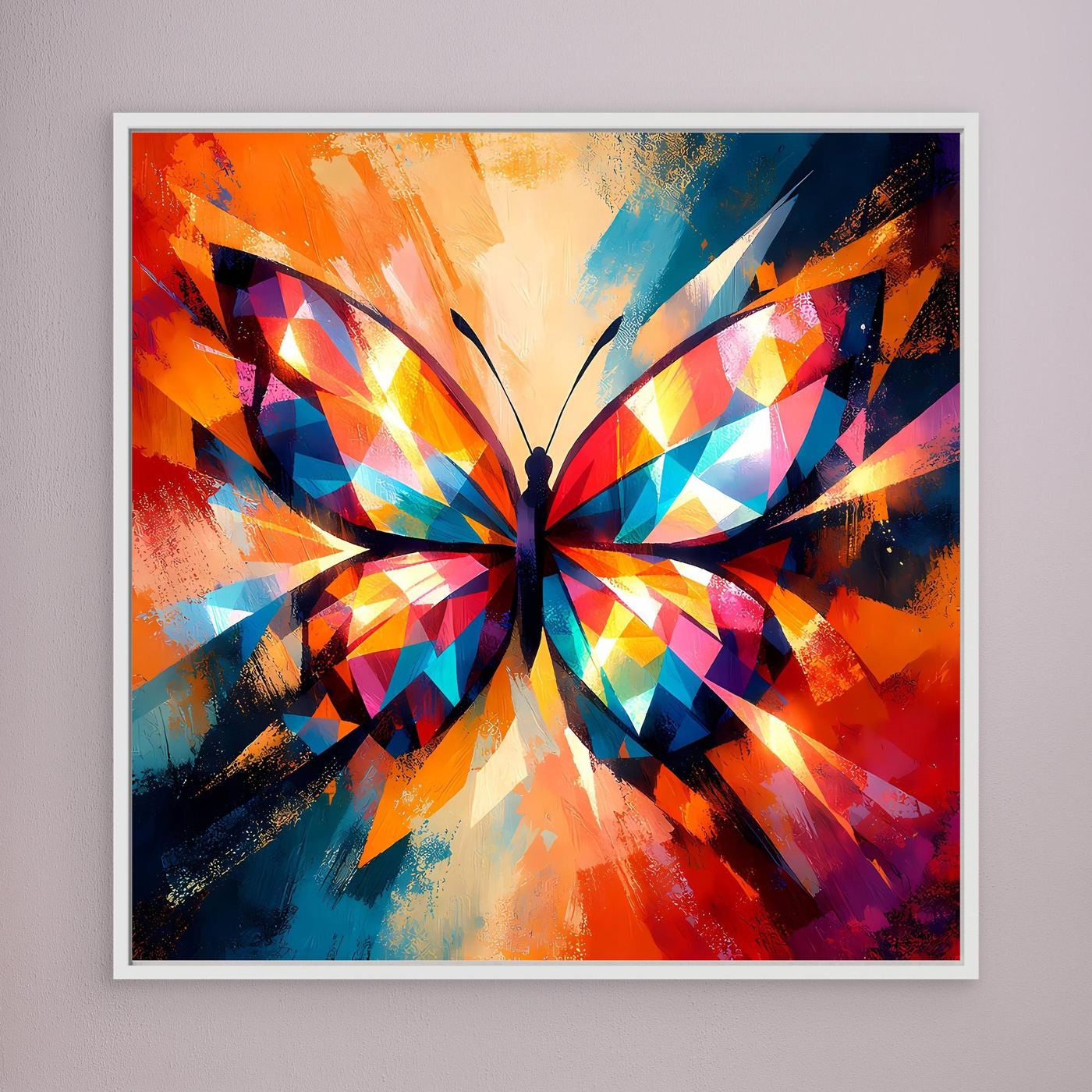 Wandbild mit buntem geometrischem Schmetterling, weißer Rahmen