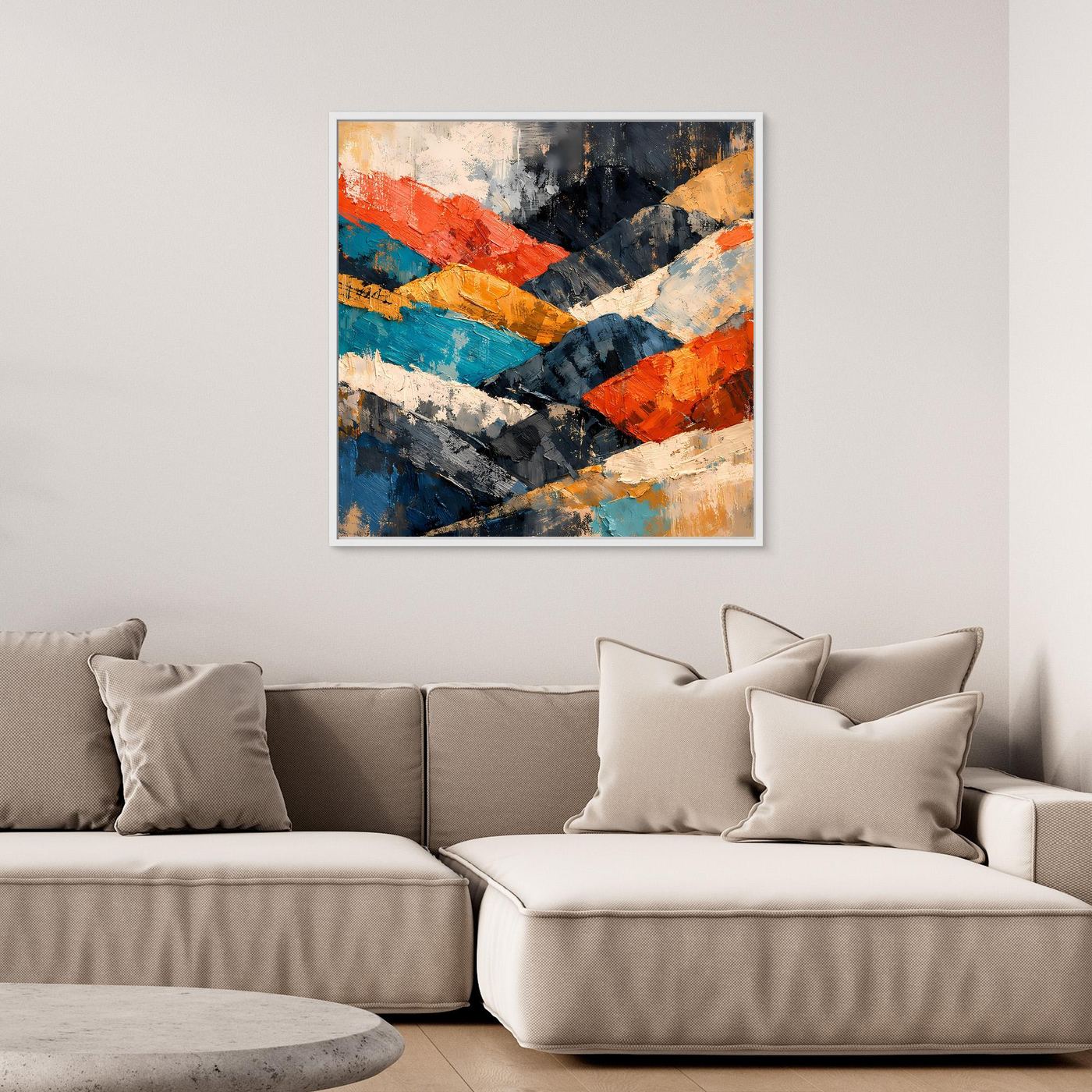 Abstraktes Leinwand-Wandbild mit Gebirgsmotiv, bunte Farb- und Pinselstreifen, mit weißem Rahmen