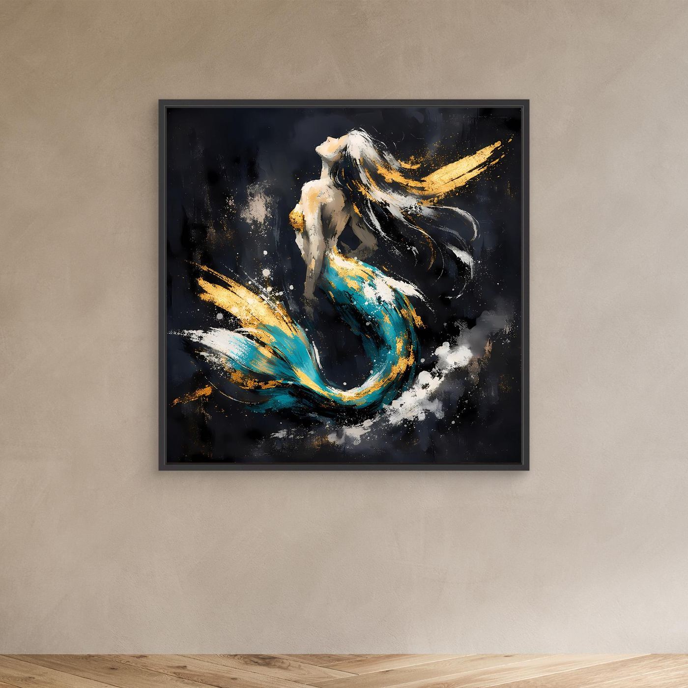 Leinwand Elegante Meerjungfrau in Türkis und Gold | Modernes Fantasy Wandbild