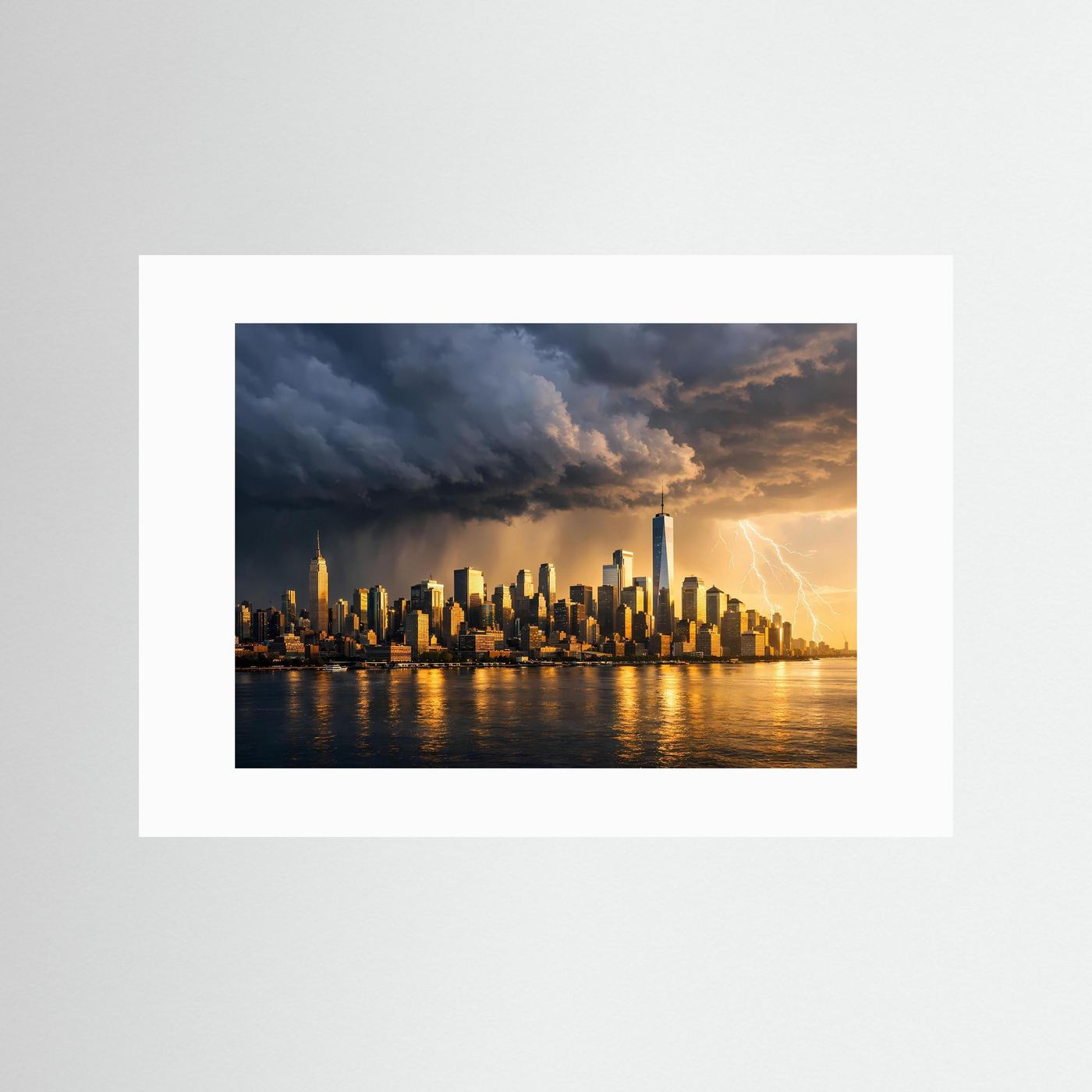 Panorama-Wandbild New Yorker Skyline bei Gewittersturm im Sonnenuntergang, weiß gerahmt