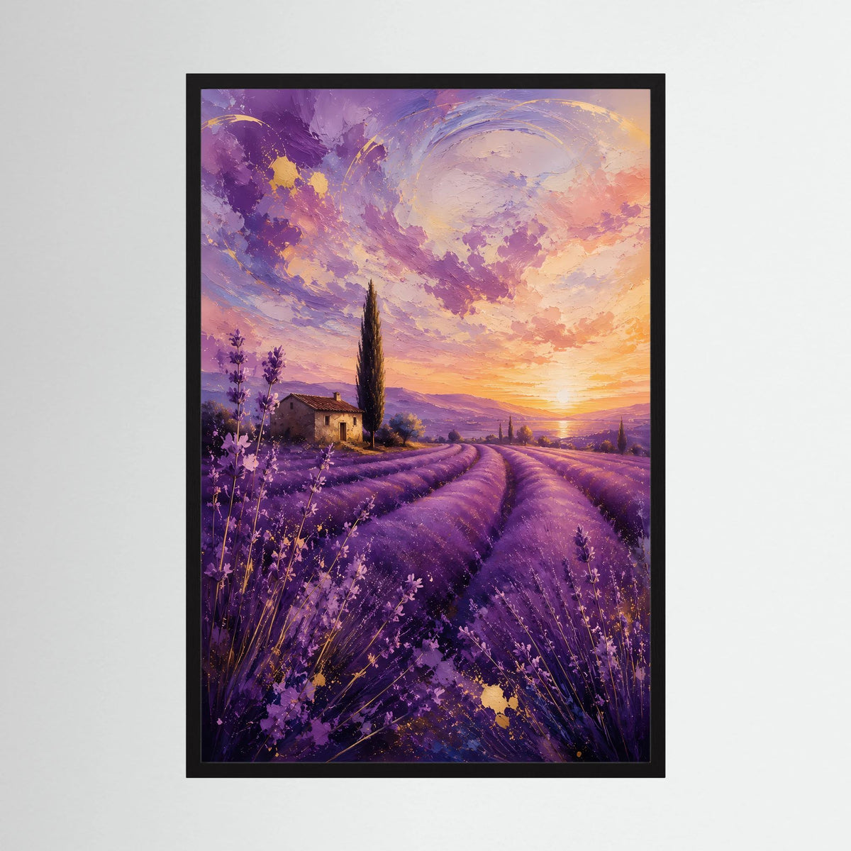 Hochformat-Poster Lavendelfeld bei Sonnenuntergang, violett-gold, schwarzer Rahmen