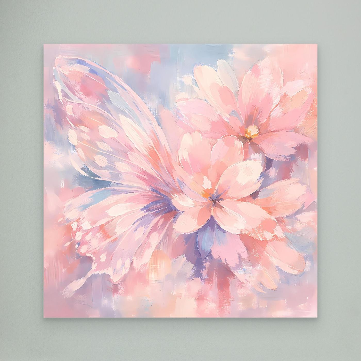 Leinwandbild mit pastellfarbenen Schmetterlingsblüten in Aquarelloptik, ohne Rahmen