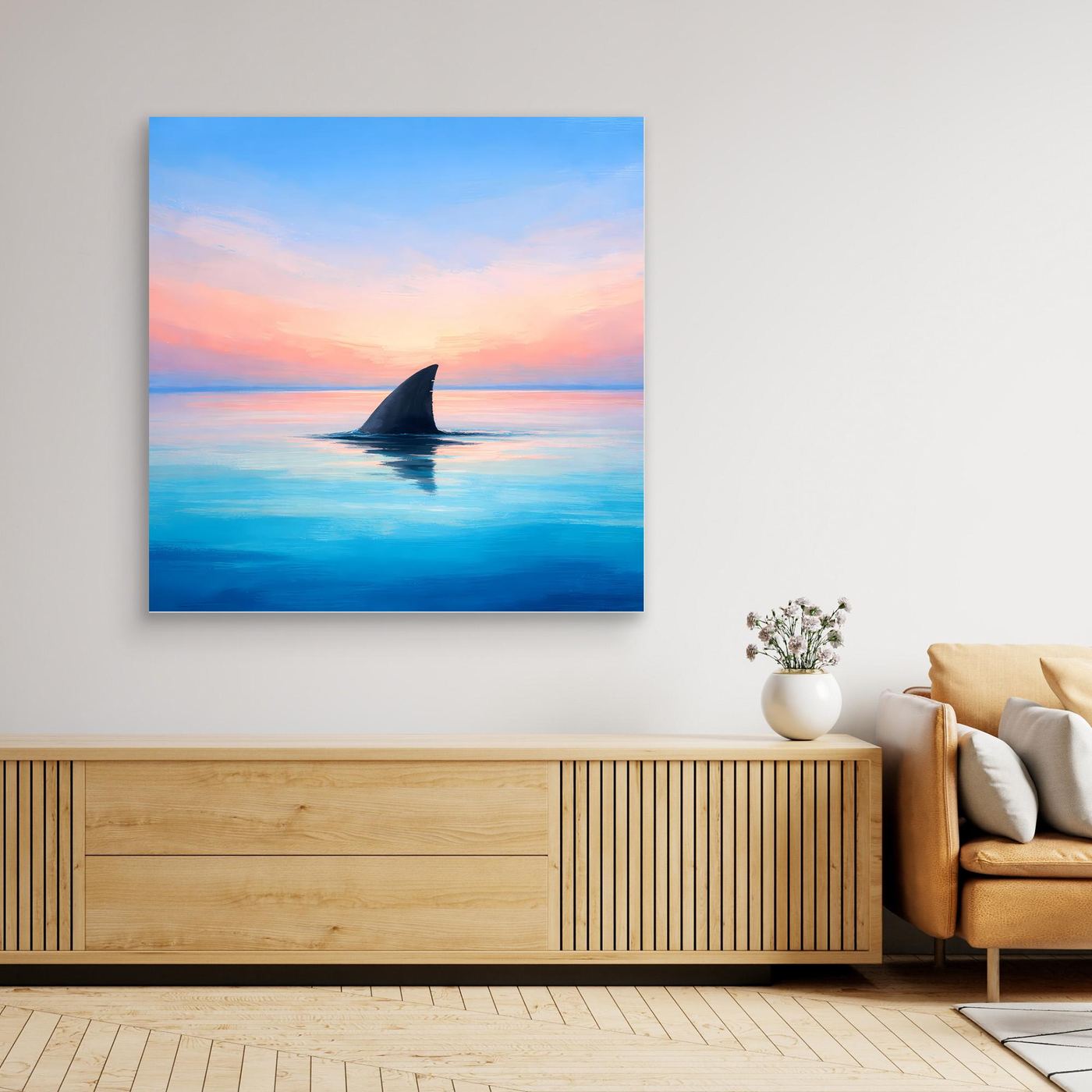 Leinwand Mystische Haifischflosse im Abendrot | Abstraktes Ozean Wandbild