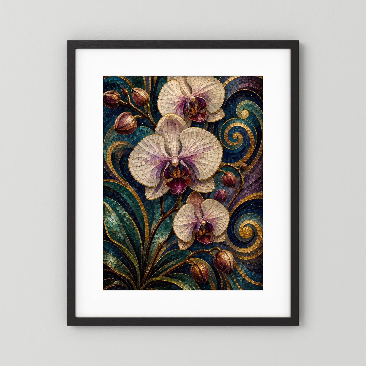Gerahmtes Orchideen-Poster mit schwarzem Rahmen, Mosaikstil in türkis und Gold