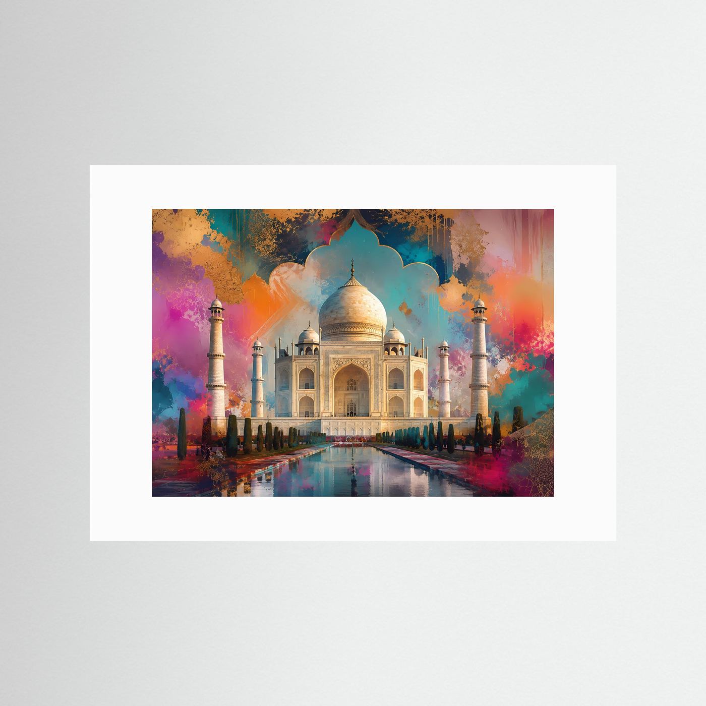 Taj Mahal in leuchtenden Farben | Abstrakte Indien Kunst in Türkis, Pink & Gold