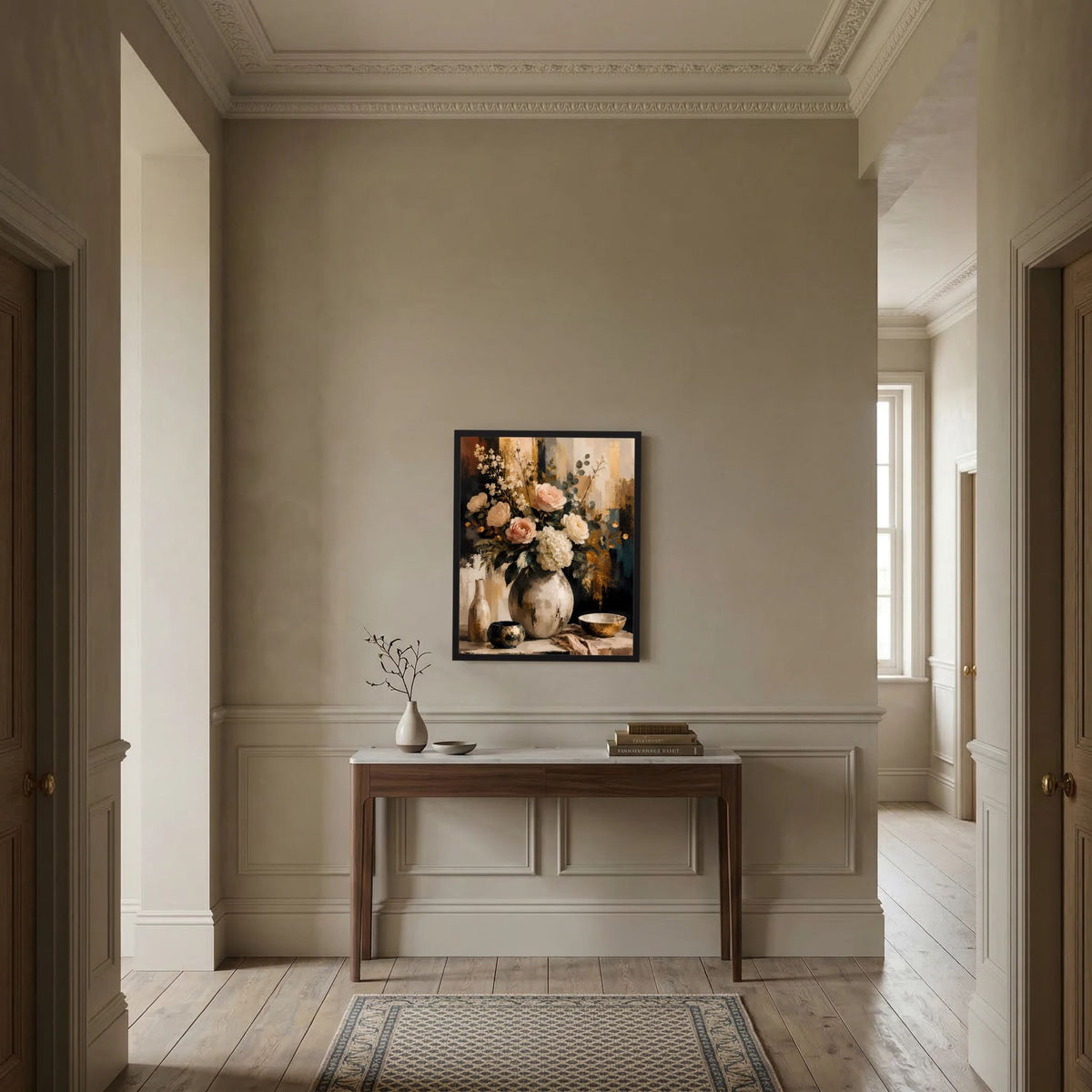 Blumenstillleben-Poster mit Rosen und Hortensien in Vase, abstrakt, dunkler Rahmen