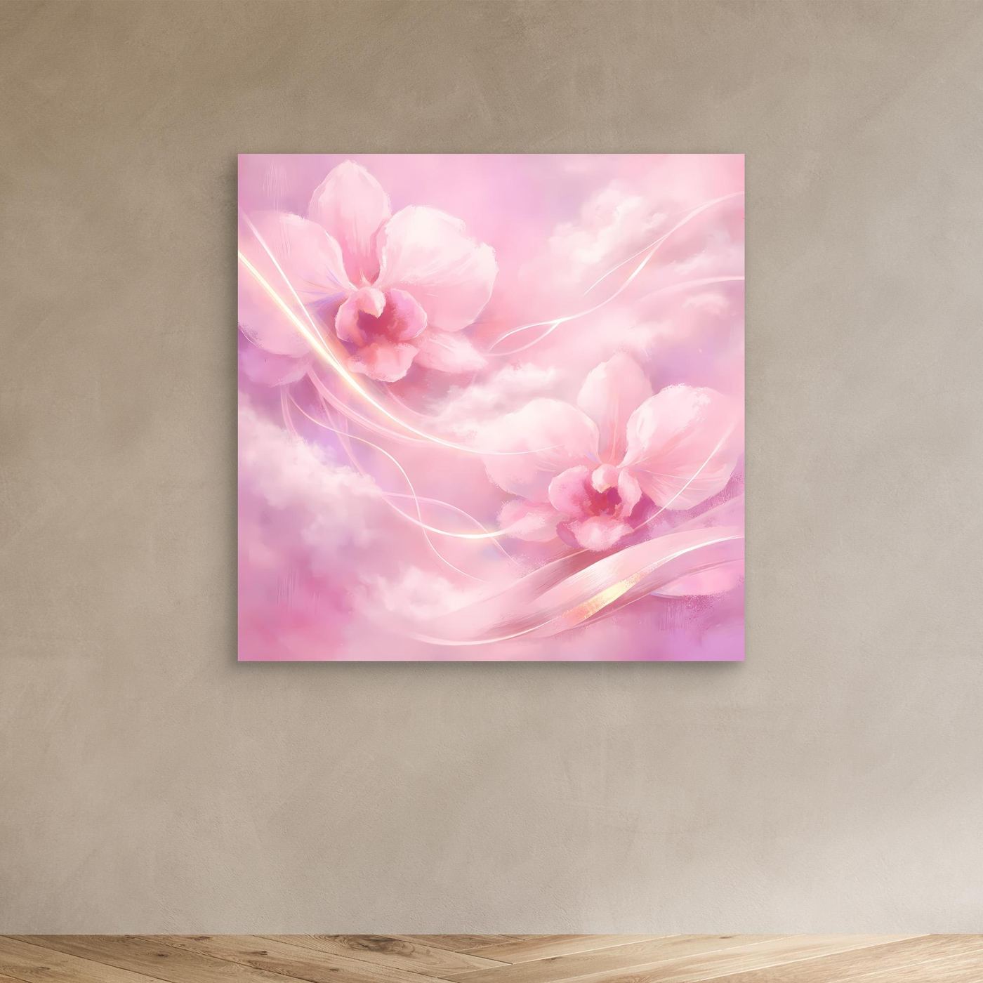Leinwandbild mit rosafarbenen Orchideen und abstrakten Blütenlinien