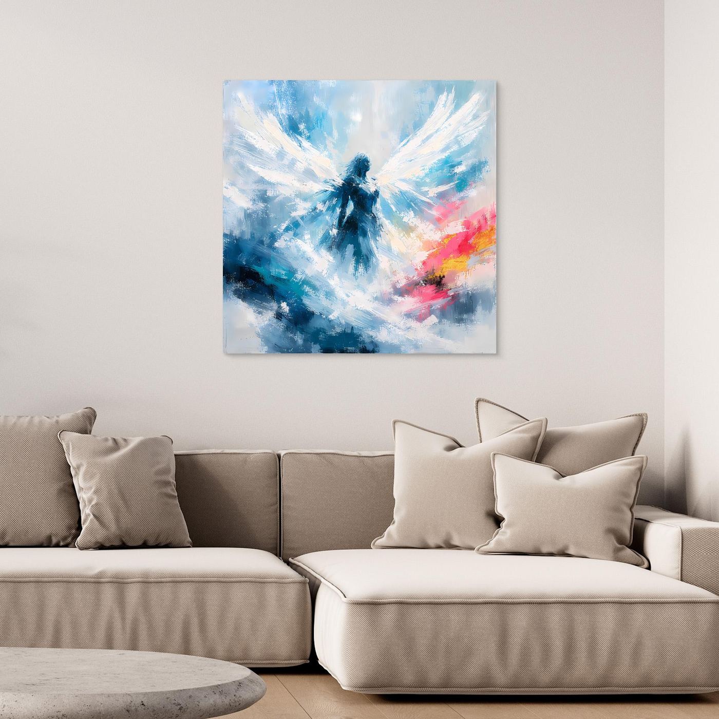 Leinwand Abstrakter Engel in Blau und Weiß | Modernes Wandbild auf echter Leinwand