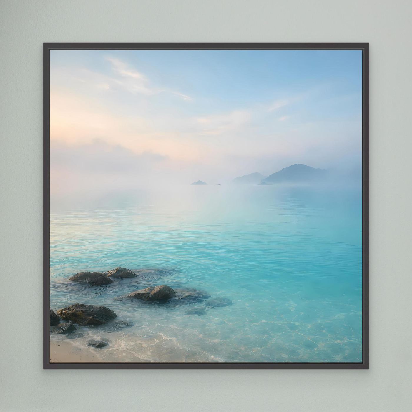 Meerbild auf Leinwand mit schwarzem Rahmen: türkisfarbenes Wasser, Felsen im Vordergrund