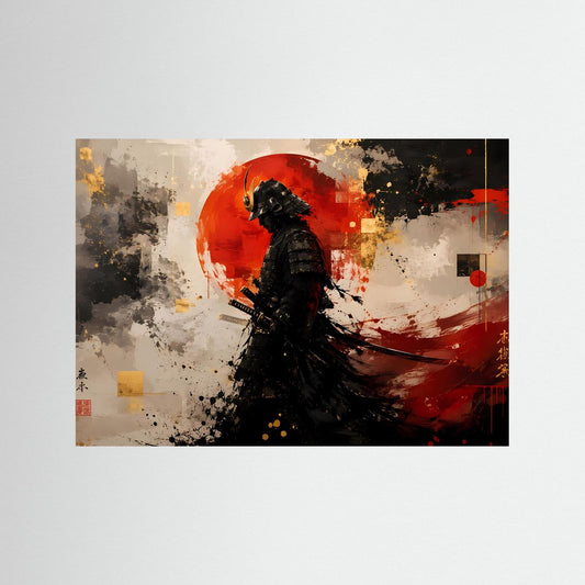 Japan-Art Poster, Querformat: Samurai vor roter Sonne, abstrakter Farbspritzer-Look