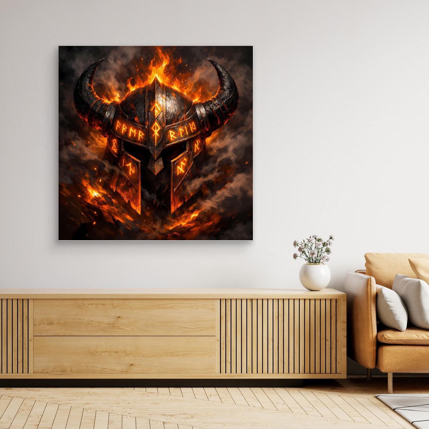 Gerahmtes Leinwandbild mit flammendem Wikingerhelm und Runen, dunkle orangefarbene Glut